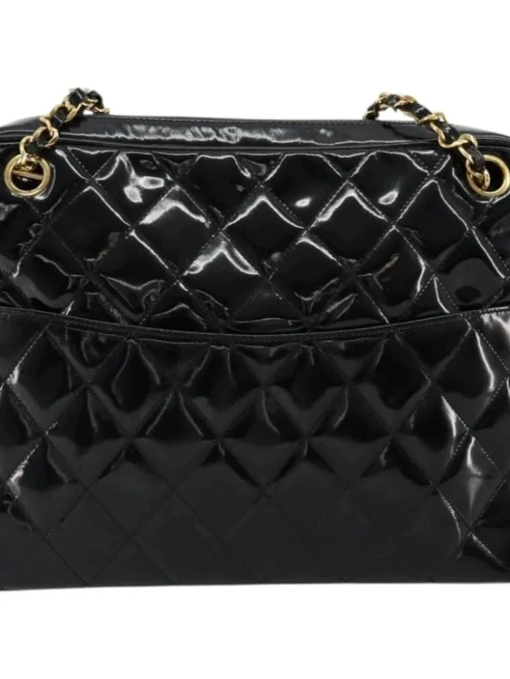 CHANEL Matelasse Chain Shoulder Bag Patent leather Black Gold CC Auth 175899